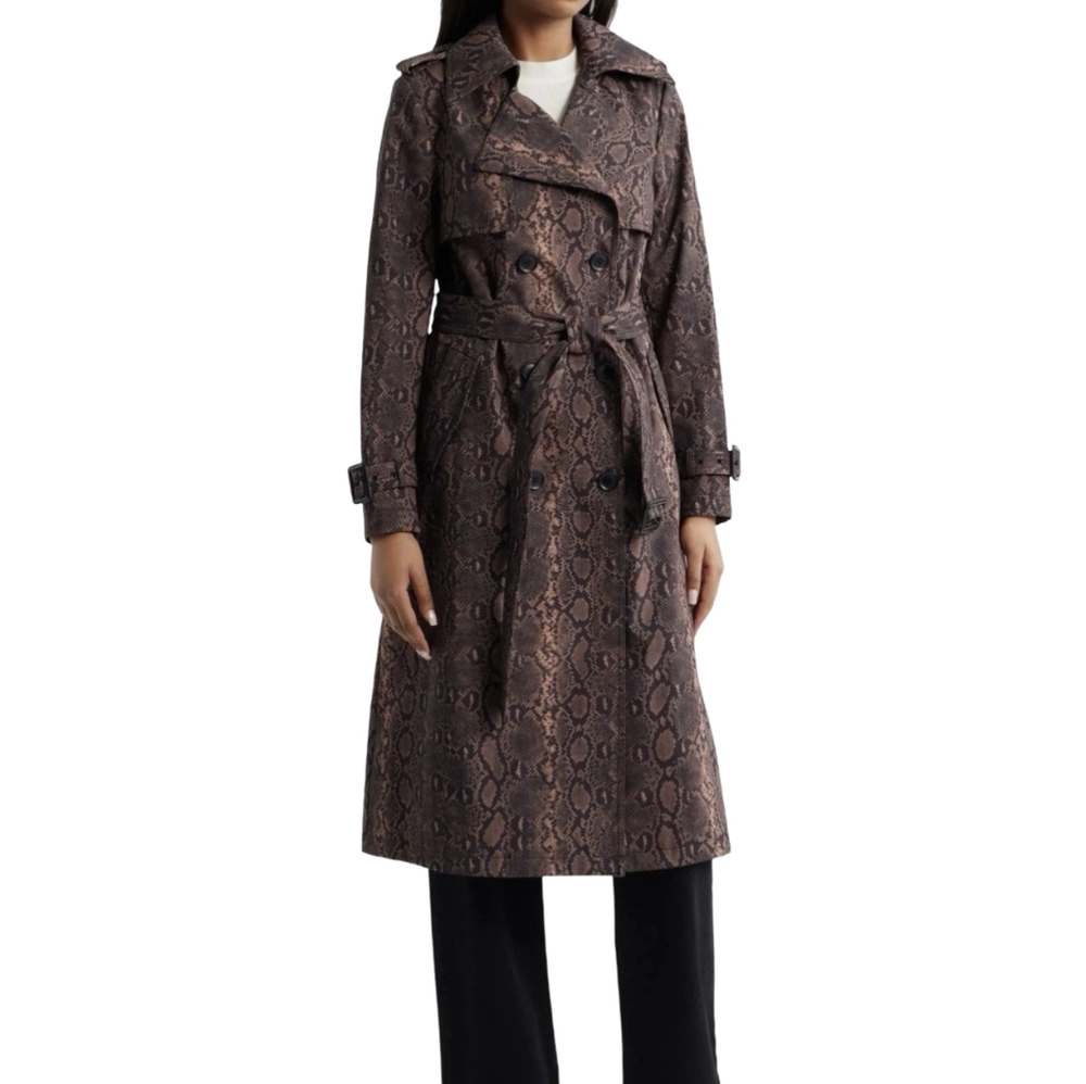 BCBGMAXAZRIA Python Brown Snakeskin Print Double Breasted Belted Trench Coat NEW